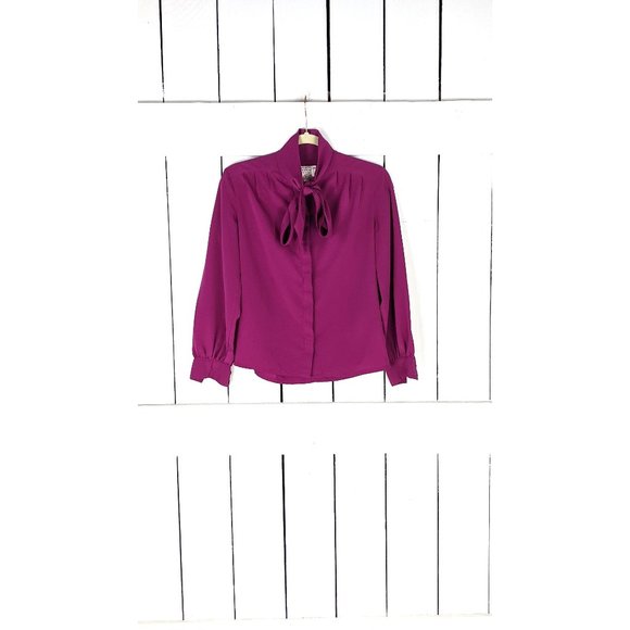 Vintage Country Sophisticate Petite fuchsia  bow tie button front blouse - Picture 1 of 5